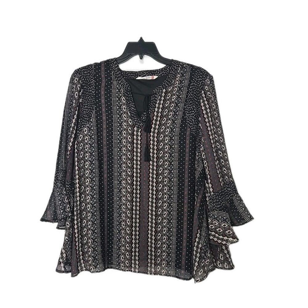 Given Kale Black Aztec Print 3/4 Length Bell Sleeve Lined Tunic Top Size Large